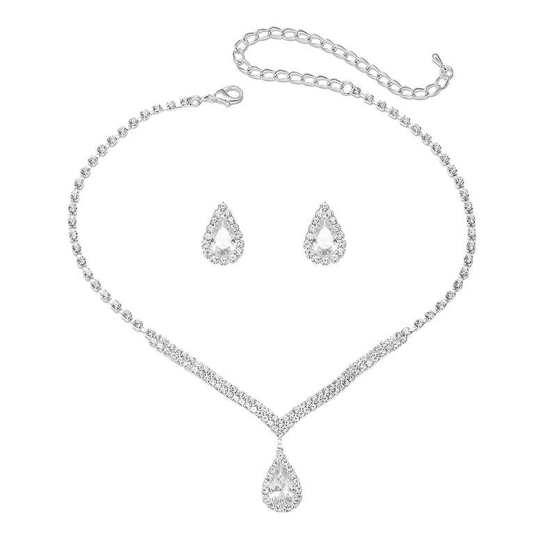 Geometric Zircon Pendant Necklace Set With Matching Earrings Waterdrop Shape Full Rhinestone Crystal Jewelry Wedding Party