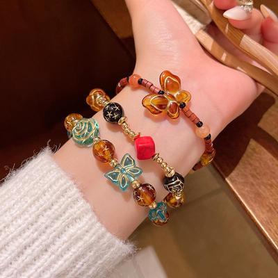 Retro Chinese-Style Gold Glass Beaded Bracelet