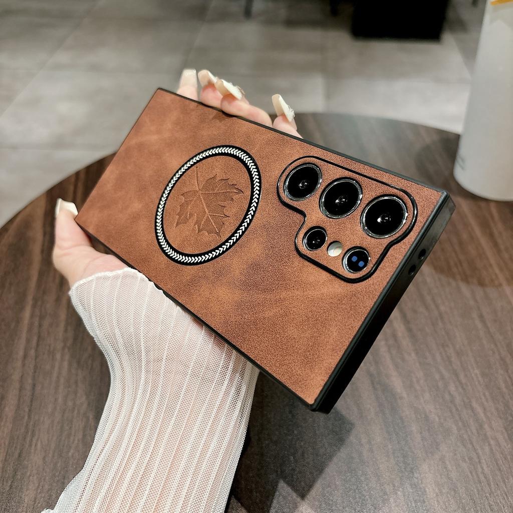 Suitable for Samsung S25 Ultra Mobile Phone Case Magnetic Suction Anti Fall S24 Lambskin Maple Leaf Protective Case A56s23u