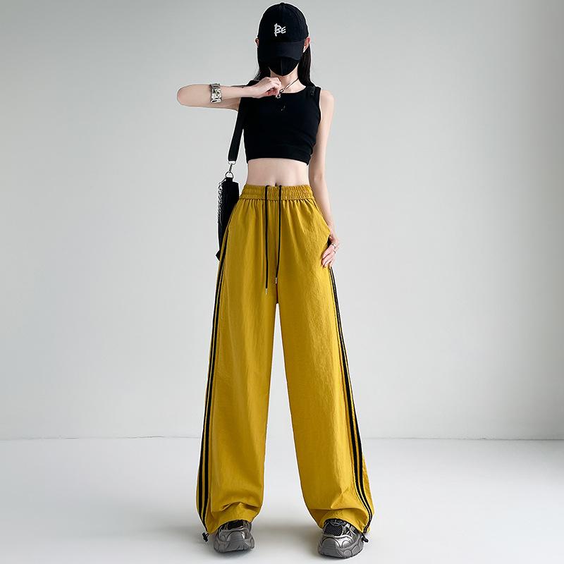 Nya Sommar Amerikanska Vardagsbyxor och Mjukisbyxor för Kvinnor Dragskor för Två Hög Midja Lös Smickrande Solskydd Vida Ben