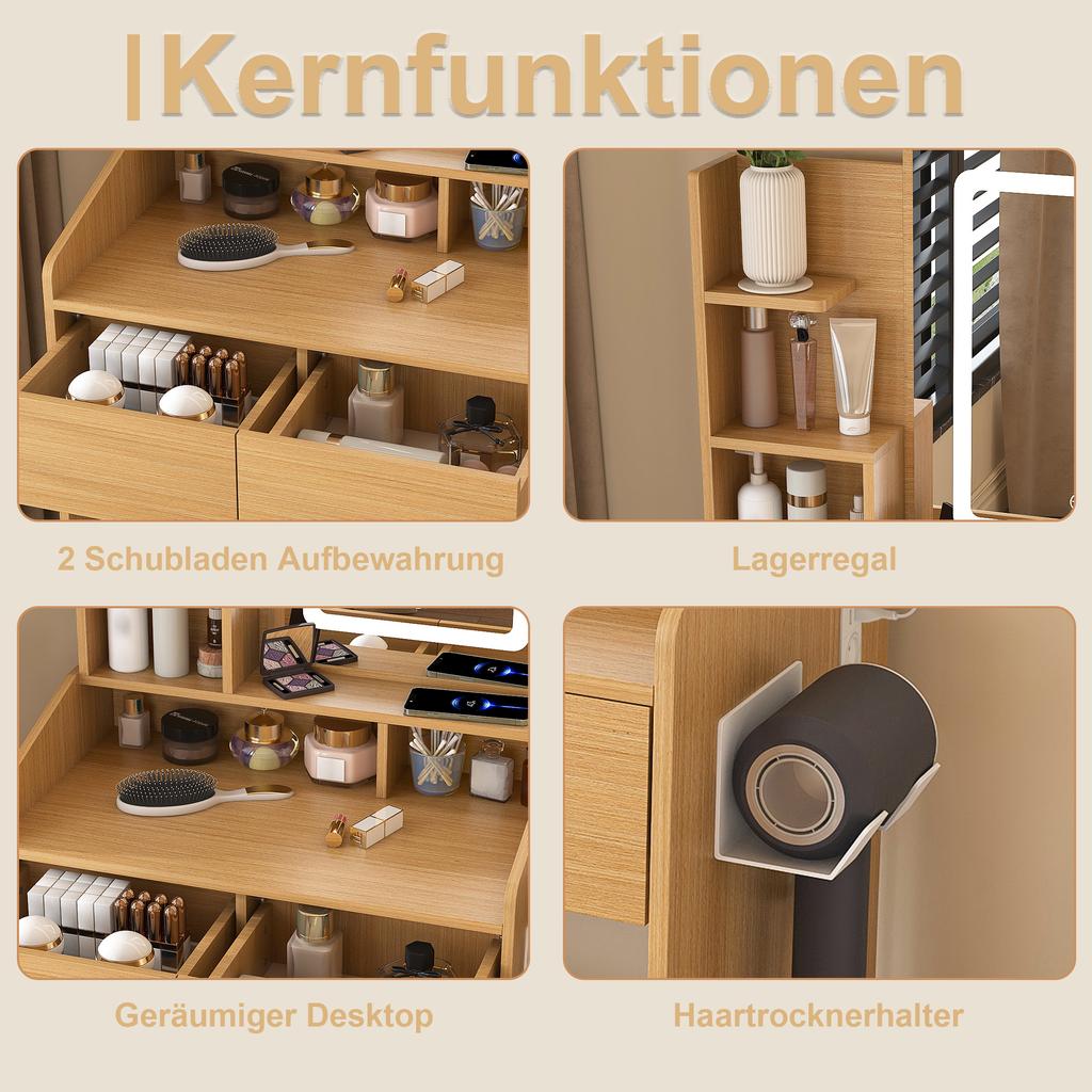 Vanity Table with LED-Illuminated Mirror, Power Outlet, Hair Dryer Holder & Upholstered Stool - for Small Bedrooms & Student Dorms. W60/H130/D36 cm.