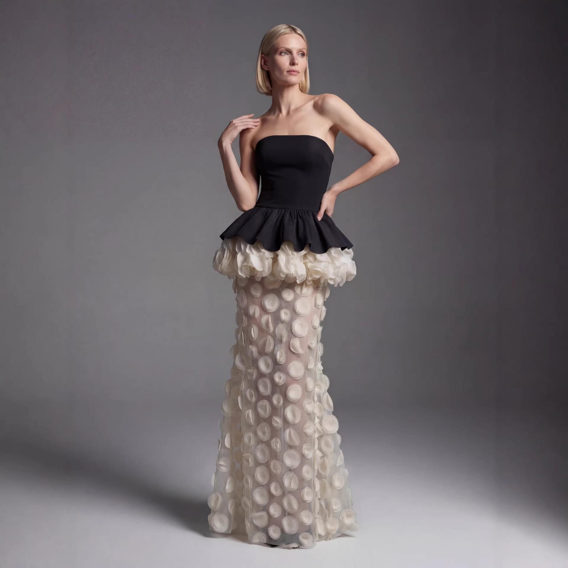 

Elegant French Black & White Strapless Gown with 3D Petal Mermaid Skirt