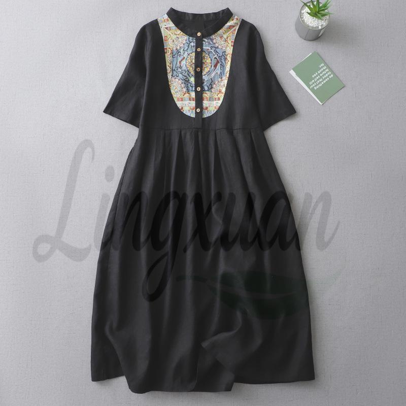 Women s Artistic Retro Cotton-Linen Patchwork Dress - Summer 2026 Collection, Elegant Slimming Long Robe Extra Large