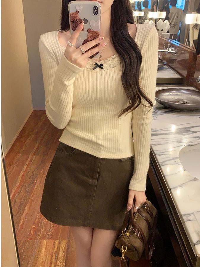 Women's Slim-Fit Ballet Style Grey Square Neck Lace Splicing Long Sleeve Base Layer Top for Autumn and Winter