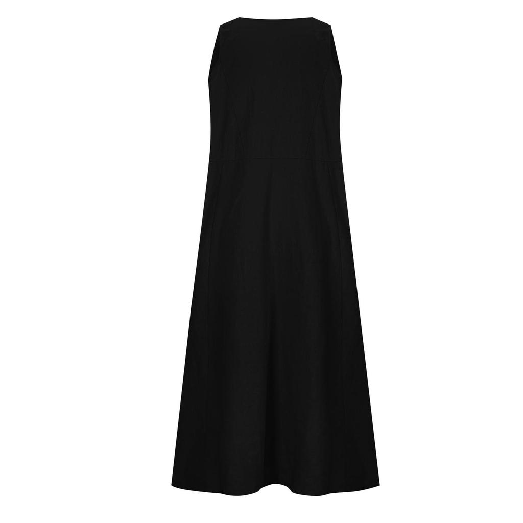 Women's Fashion Casual Colour Sleeveless Cotton Linen Pocket Dress