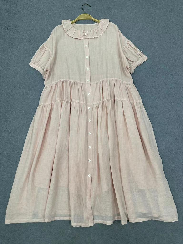 Johnature Japanese Ruffle Neck Dress Women Summer Mori Women Loose Casual Simple Solid Color Dresses