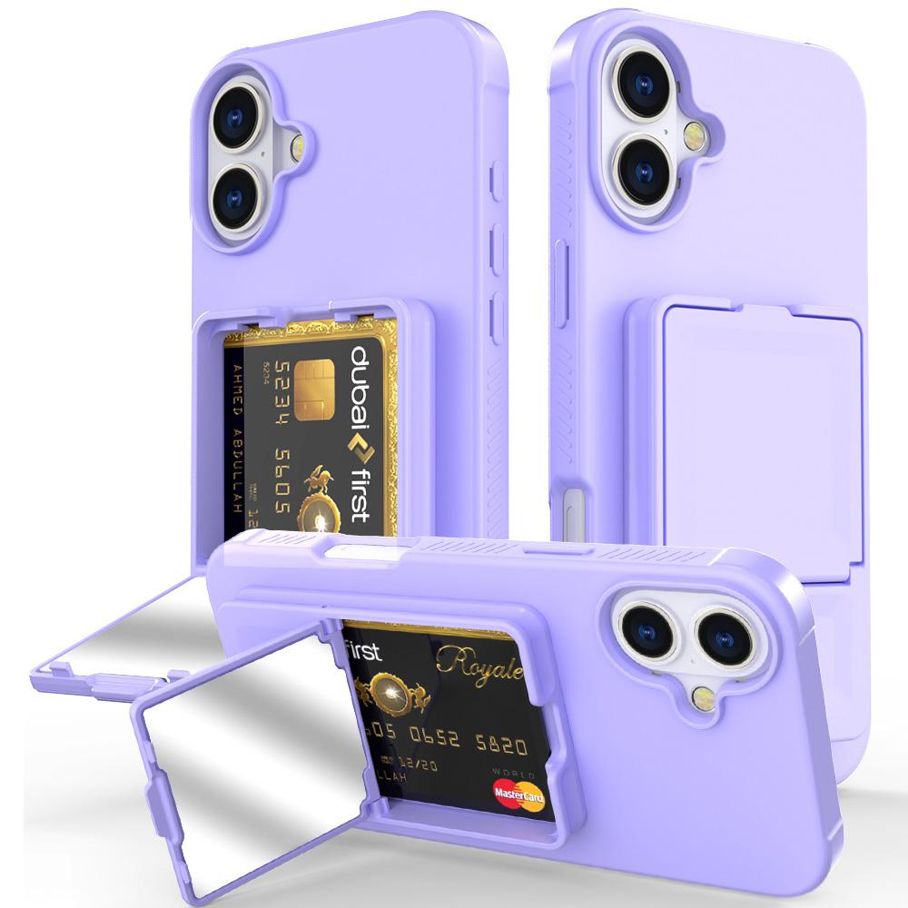 For iPhone 16 Plus Case Skin-Touch Card Holder TPU + PC Phone Cover with Mirror Kickstand