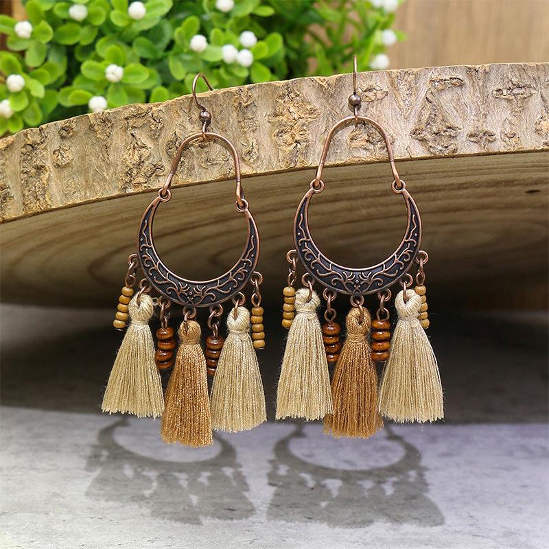 Vintage Ethnic Bohemian Drop Dangle Earrings For Women Wooden Tassel Pearl Beaded Geometric Leaf Flower Round Boho Earrings