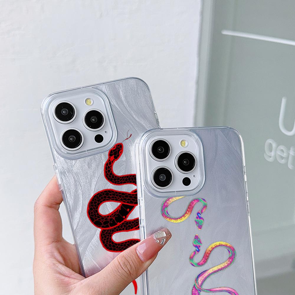 N73 Black Gold Snake Design Clear Frame Case for Samsung S25 Ultra iPhone 16 Pro Max Xiaomi Redmi Note 13 Feather Chiffon Texture Silver Plated Cover