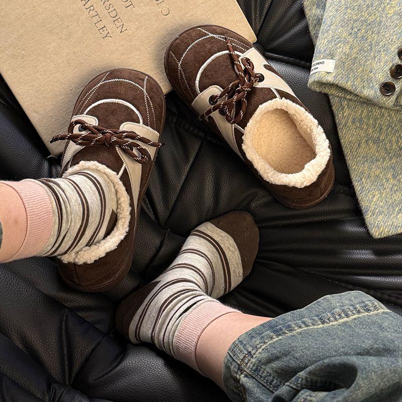 Set of 2 Women's Retro Dexun Cotton Slippers - Autumn/Winter, Lace-Up, Non-Slip, Thick-Soled, Warm & Cozy.