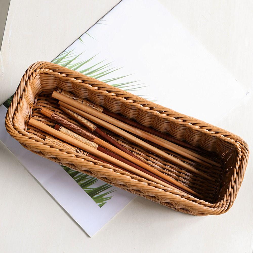 Rectangular Imitation Rattan Storage Basket Simple Plastic Picnic Basket Chopsticks Spoons Forks