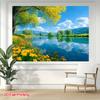 Spring Lake Nature Tapestry, Yellow Flower & Green Tree Background Cloth, Calming Landscape Wall Decor
