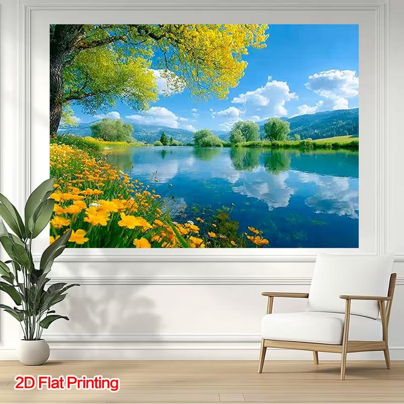 Spring Lake Nature Tapestry, Yellow Flower & Green Tree Background Cloth, Calming Landscape Wall Decor