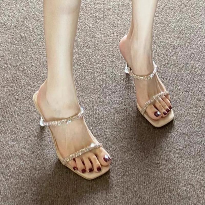 Fashion Women's Sandals 2025 New Square Toe Rhinestone High Heels Half Drag Women's Shoes Summer High Thin Heels Transparent Slippers