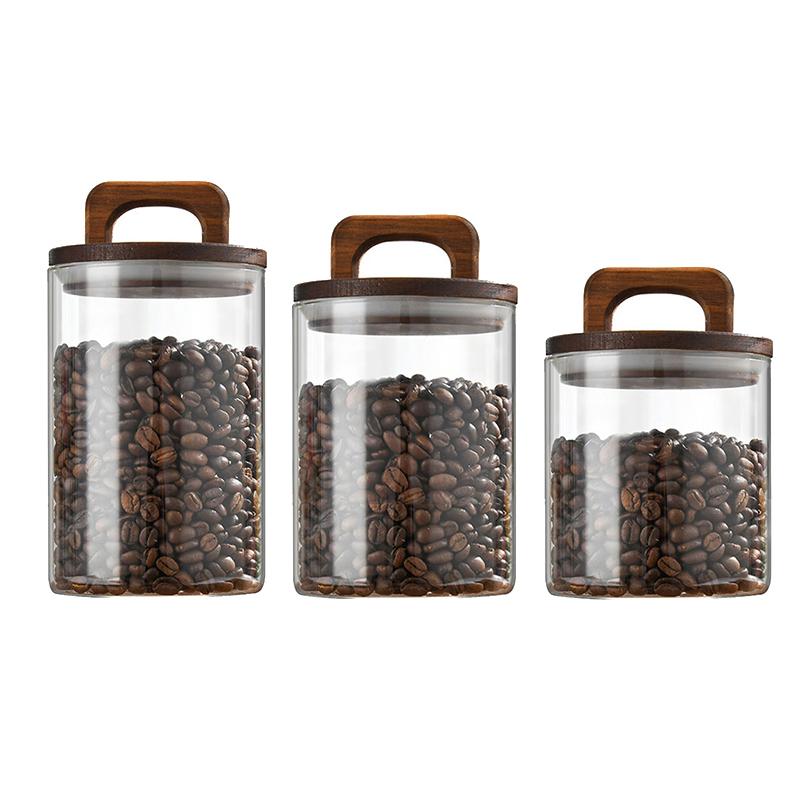 Holzdeckel Glasbehälter Luftdichter Behälter Lebensmittelbehälter Tee Kaffee Bohnen Küchenaufbewahrungsflaschen Glas Versiegelt Gemahlen Süßigkeitenglas