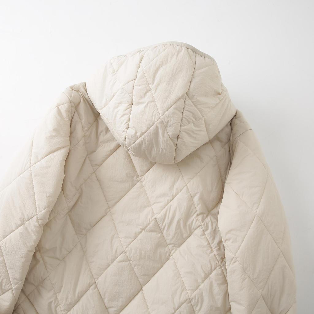 Men's Hooded Cotton Jacket with Mulberry Silk, Diamond Pattern, Winter Casual Outerwear.