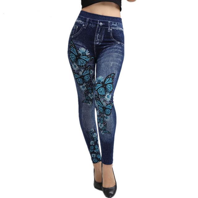 Frauen Imitation Denim Jeans Leggings Casual Hohe Taille Dünne Elastische Sport Push-Up Nahtlose Druck Schmetterling Bleistift Hosen