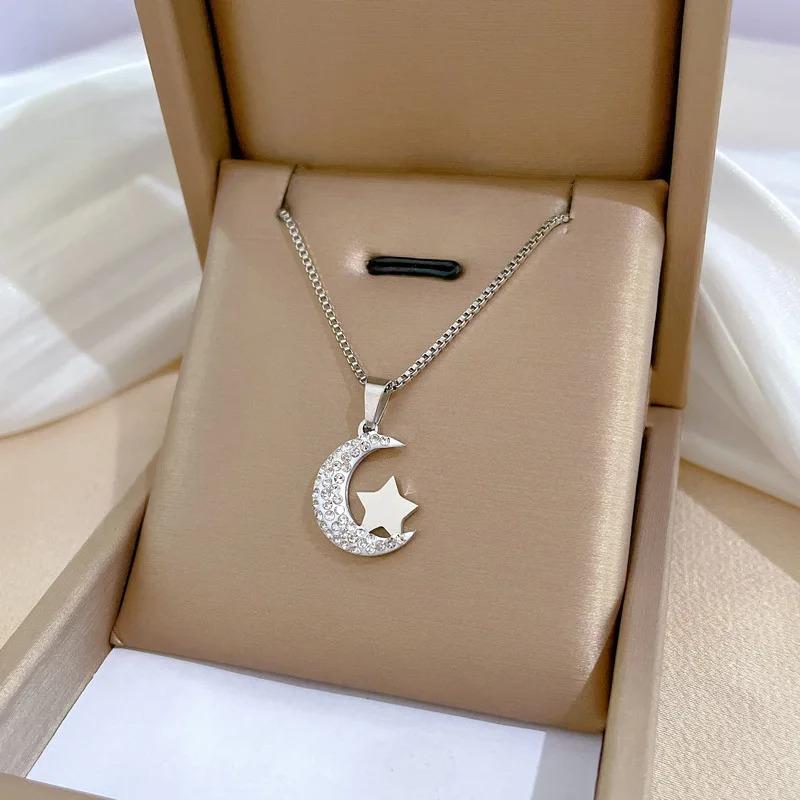 New Titanium Steel No Rust Inlay Cubic Zirconia Stone Moon Star Pendant Necklace for Women Dainty Charm Girls clavicle Necklace