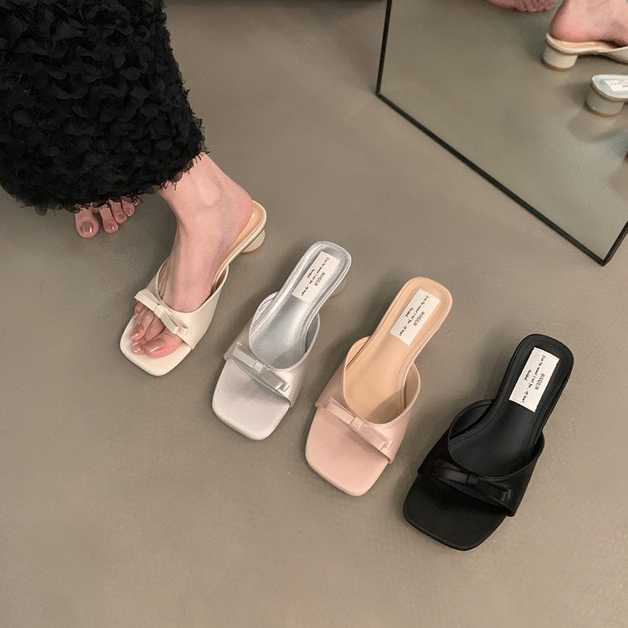 French Sandals Bow Slippers 2025 Summer New Fairy Shoes Outer Wear Temperament Thick Heel Sandals Women