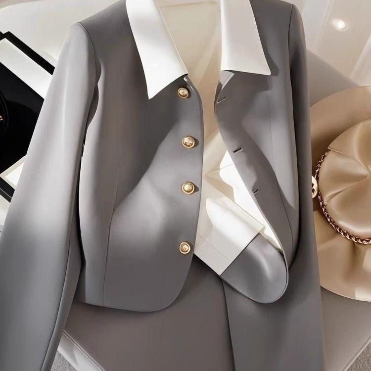 Spring Fashion Grey Short Blazer Women  Stylish Office Casual Jacket Tops S серый
