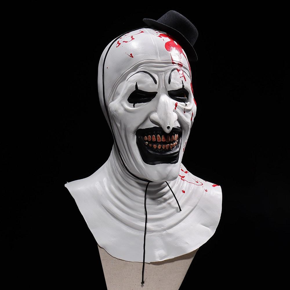 Horror Terrifier Art The Clown Mask Cosplay Creepy Bloody Demon Evil Joker Hat Latex Helmet Halloween Party Costume Props