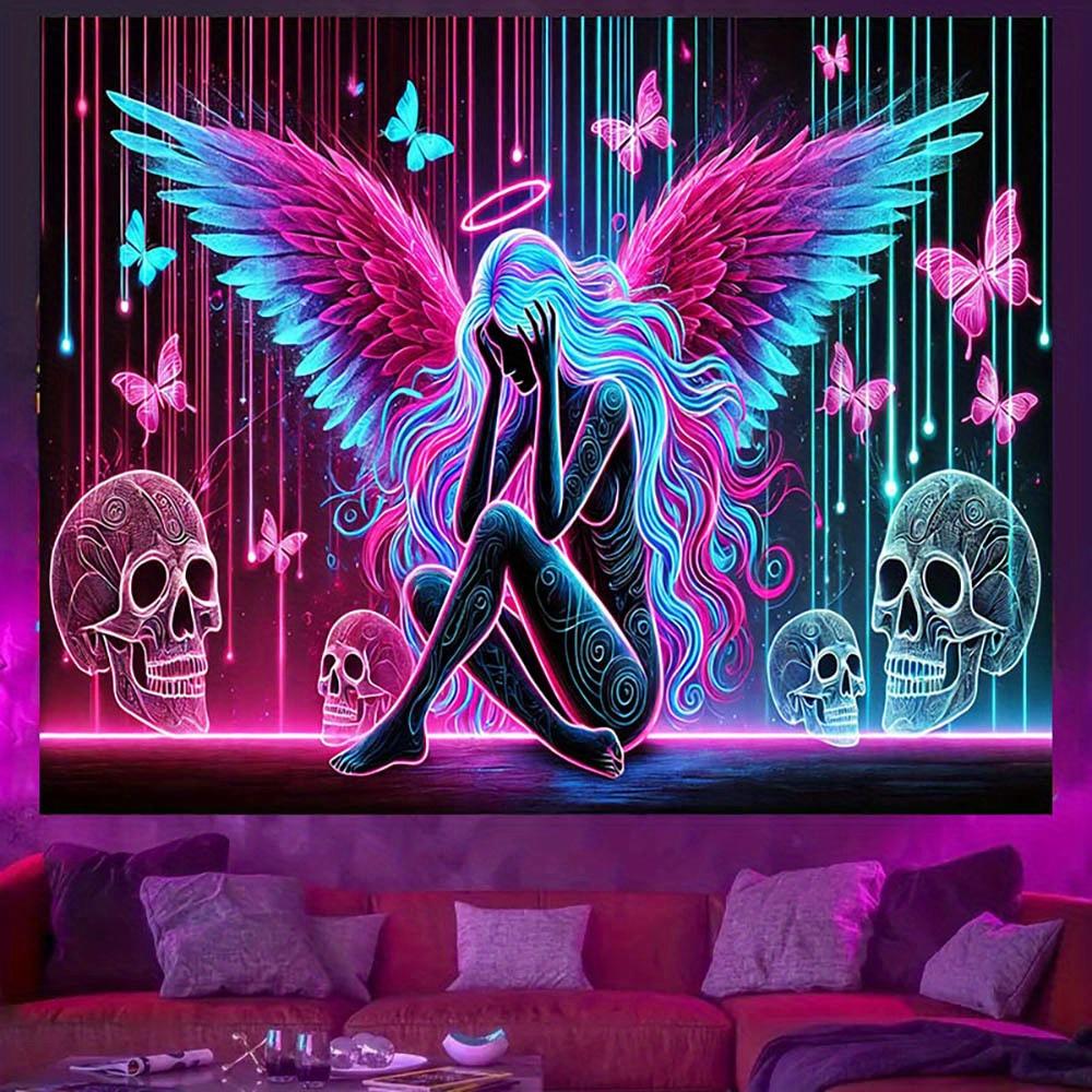 UV Reflective Neon Tapestry Pink Wings Evil Angel Home Bar and Outdoor Decoration Fantasy Pattern Suitable for Living Room