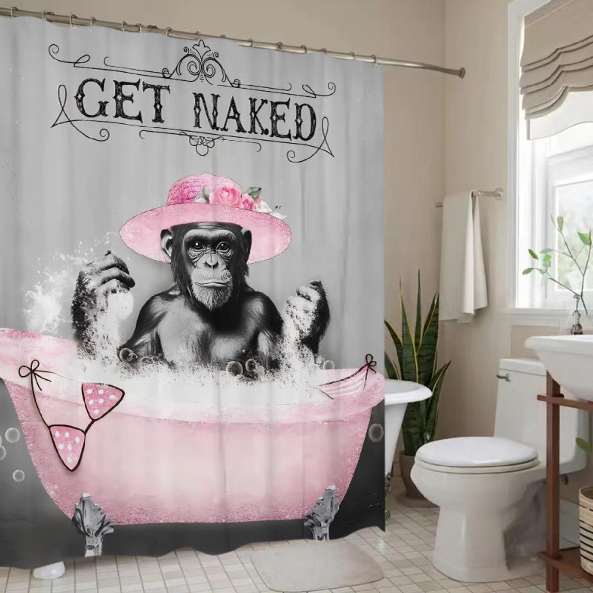 

1 шт. Весенняя шторка для ванной с обезьянкой - Дизайн с надписью Get Naked , Игривый шимпанзе в розовой шляпе и ванне, Моющийся полиэстер, Без сверления 90x180cm