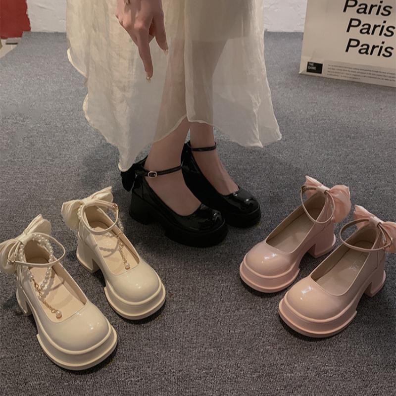 Mary Jane-skor för kvinnor Vår Fransk Pärla Mode Allmatch Tjock Klack Läderskor