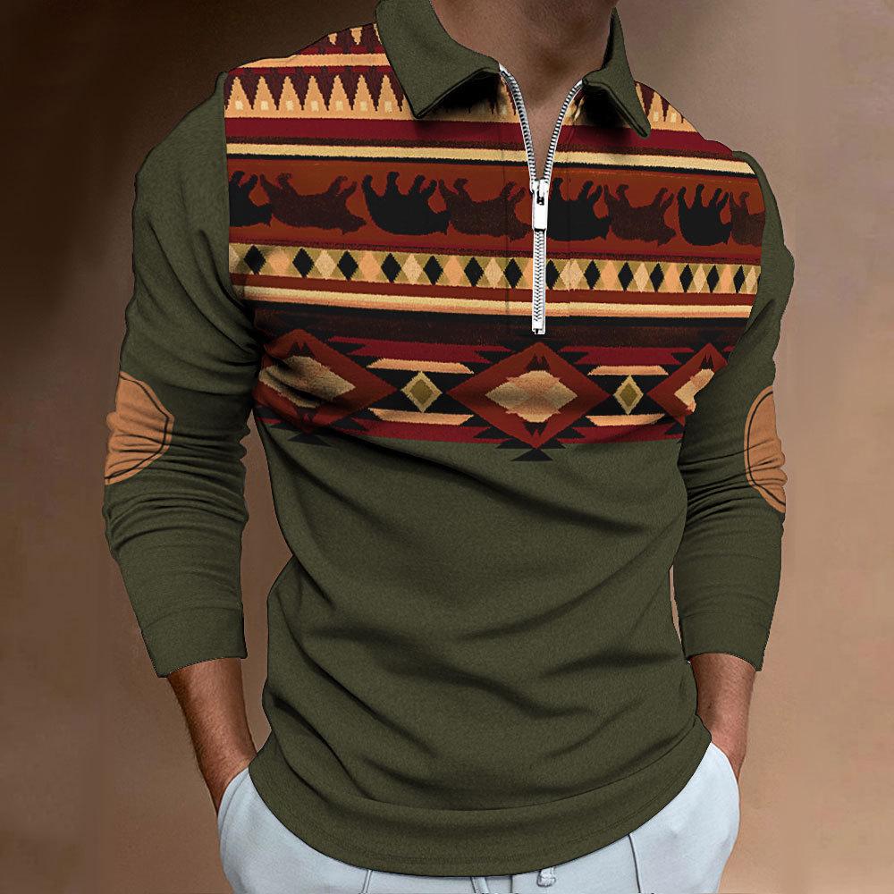 Mens Long Sleeve Lapel Casual Zip Fashion Digital Printed Polo Shirt Top