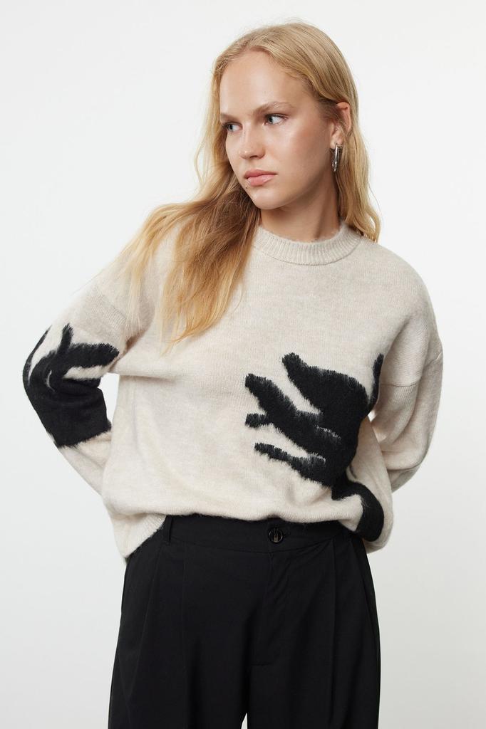 Women's Fashionable Stylish Sweater Stone Soft Textured Stand Collar Color Blocked Knitwear Sweater