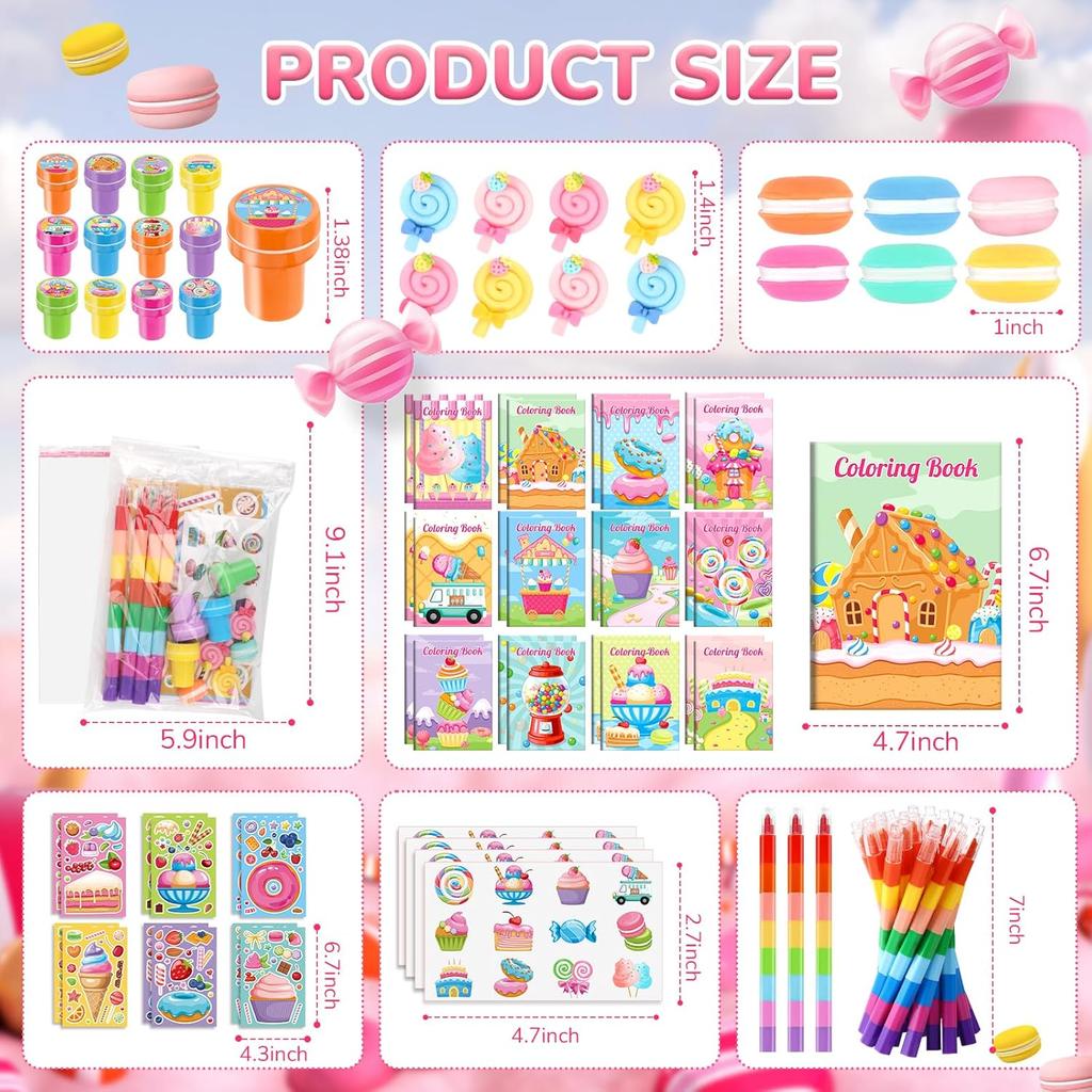 BenLouis 168Pcs Candyland Party Favors Ice Cream Donut Coloring Book Crayon Stickers Set Bulk for Kids Cupcake Lollipop Sweet Treats Birthday Gift