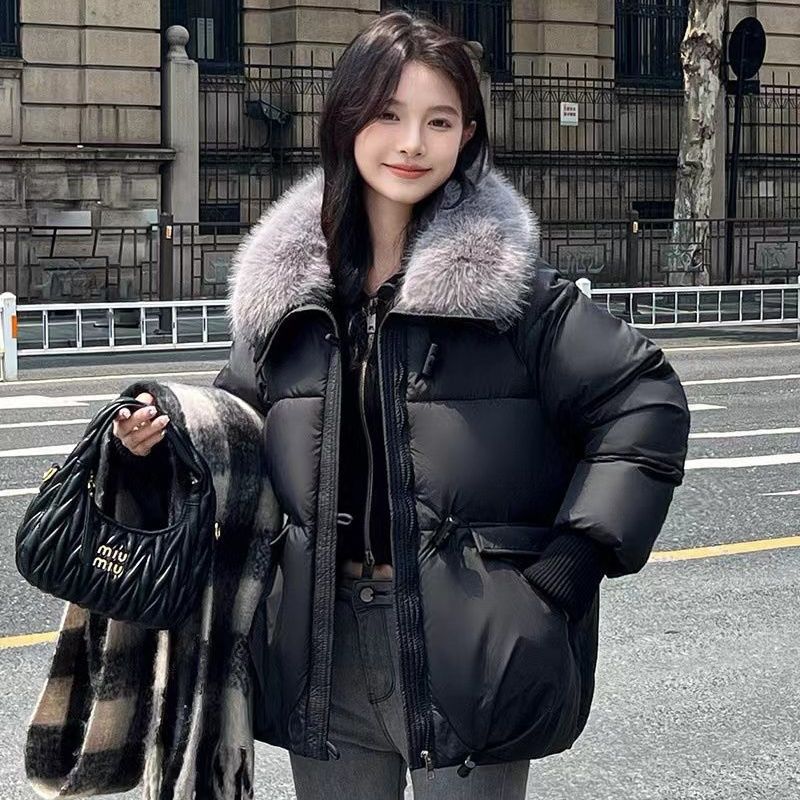 

Short Dechable Fur Collar Cotton-padded Puffer Jacket M чёрный