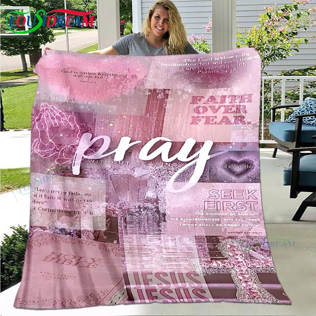 Fashion Bible Verses Jesus Pattern Blanket Flannel Thin Blanket Portable Home Travel Office Lunch Break Blanket Birthday Gift