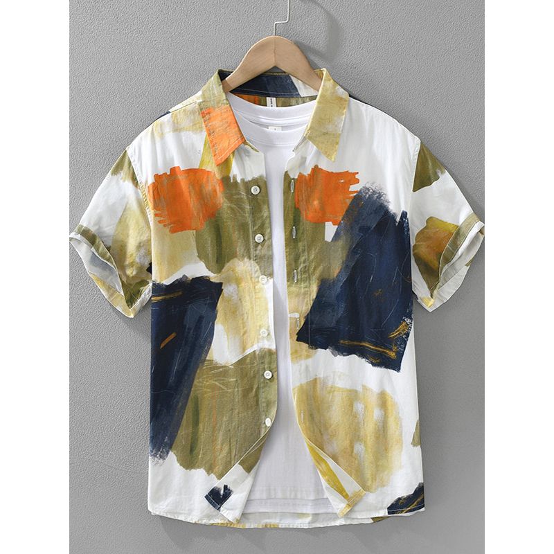 Summer Seaside Japan fashion Full Cotton Short sleeve Shirts Men's Fashion Pu Handsome Youth Graffiti over Print Shirt New