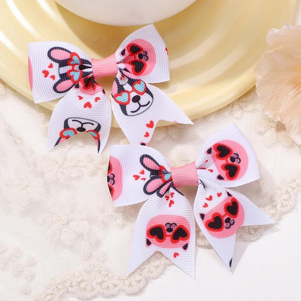 2Pcs/set 2.36''  Valentine's Day Printed Bow Hairclips for Girls Children Ribbon Hair Bows Clip Cheer Up Hair Accessories Gifts