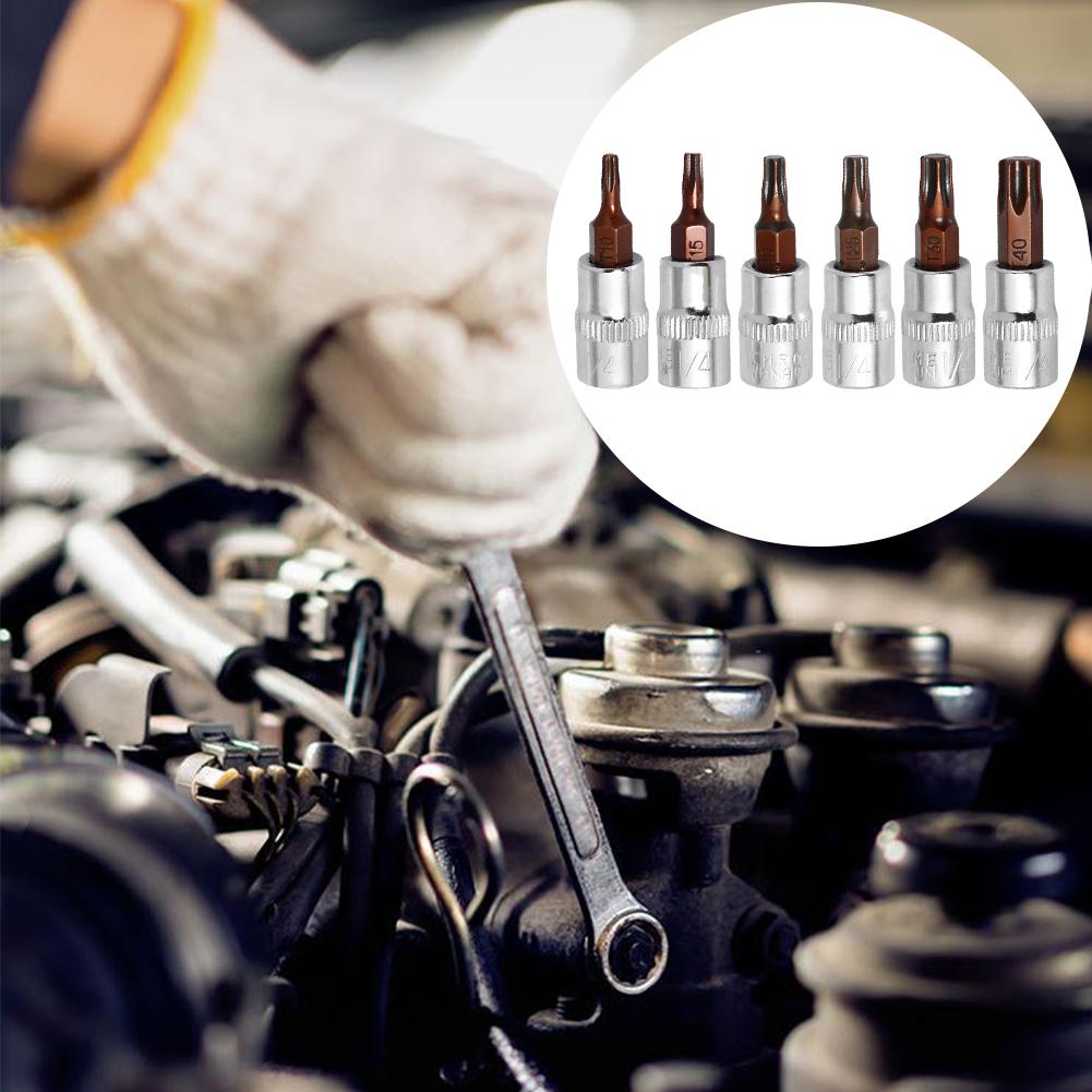 6Pcs Torx Screwdriver Bits 1/4 Inch Drive Socket Head Tools T10 T15 T20 T25 T30 T40 Socket Wrench Adapter Hand Tools Accessories