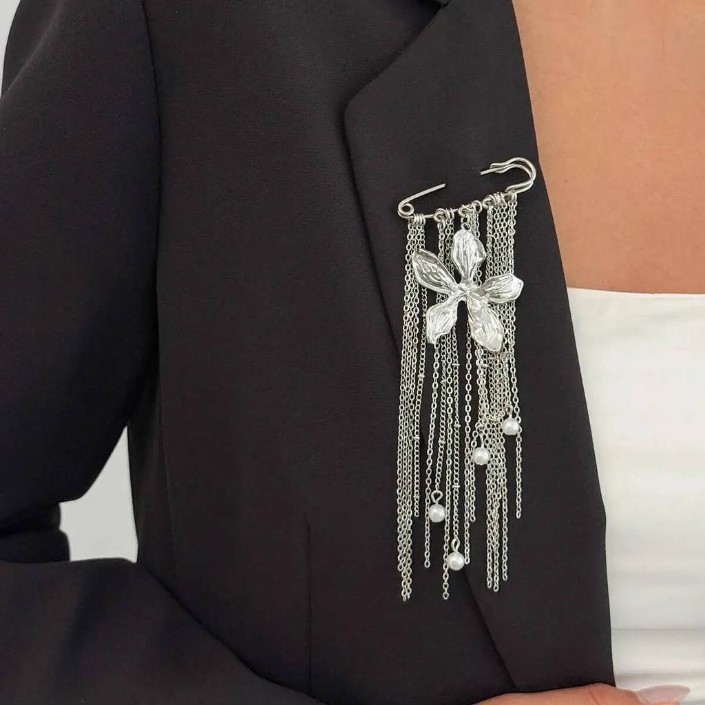 SHIXIN Fashion Metal Flower Pendant Brooch for Women New Charm Multi-Functional Imitation Pearls Tassel Chain Accessory Jewelry
