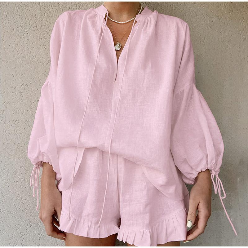 Pantaloni scurți pentru femei, cu decolteu în V, cu mânecă lungă, cămașă largi, talie înaltă, cu picior lat, pantaloni scurti, set pentru femei, vacanță de vară