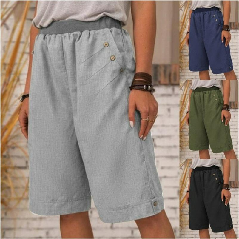 Pantaloncini in Cotone e Lino, Pantaloni a Cinque Punti, Pantaloni Casual Monocolore da Donna, Pantaloni Dritti, Casa