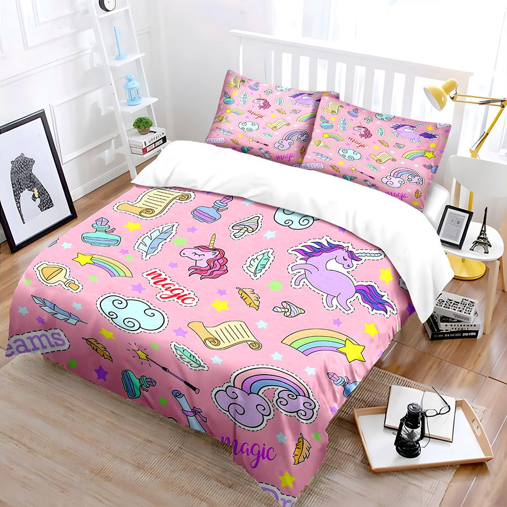 Dreamy Unicorns And Magical Elements Print Bedding Set 1 Duvet Cover 2 Pillowcases For Adult And Children Luxury Gift Full Size