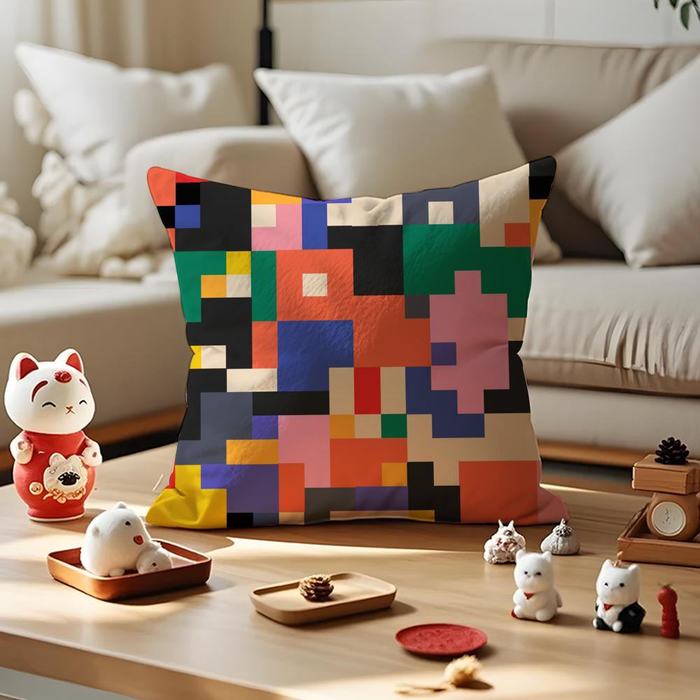 Color Blocking Art Cushion Cover Anti-dustmite Pillowcase Invisible Zipper Silky Short Plush Sofa Cushion Cover