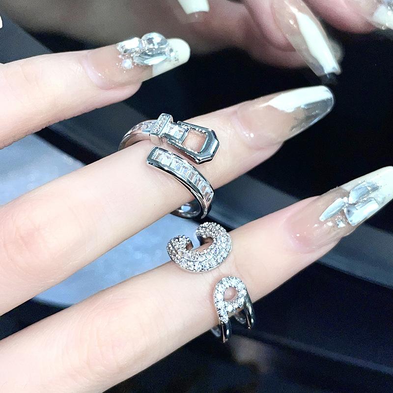 Women'S Daily Diamond Zircon Belt Buckle Ring Light Luxury Niche Design Pin Advanced Sense Opening Adjustable Ring