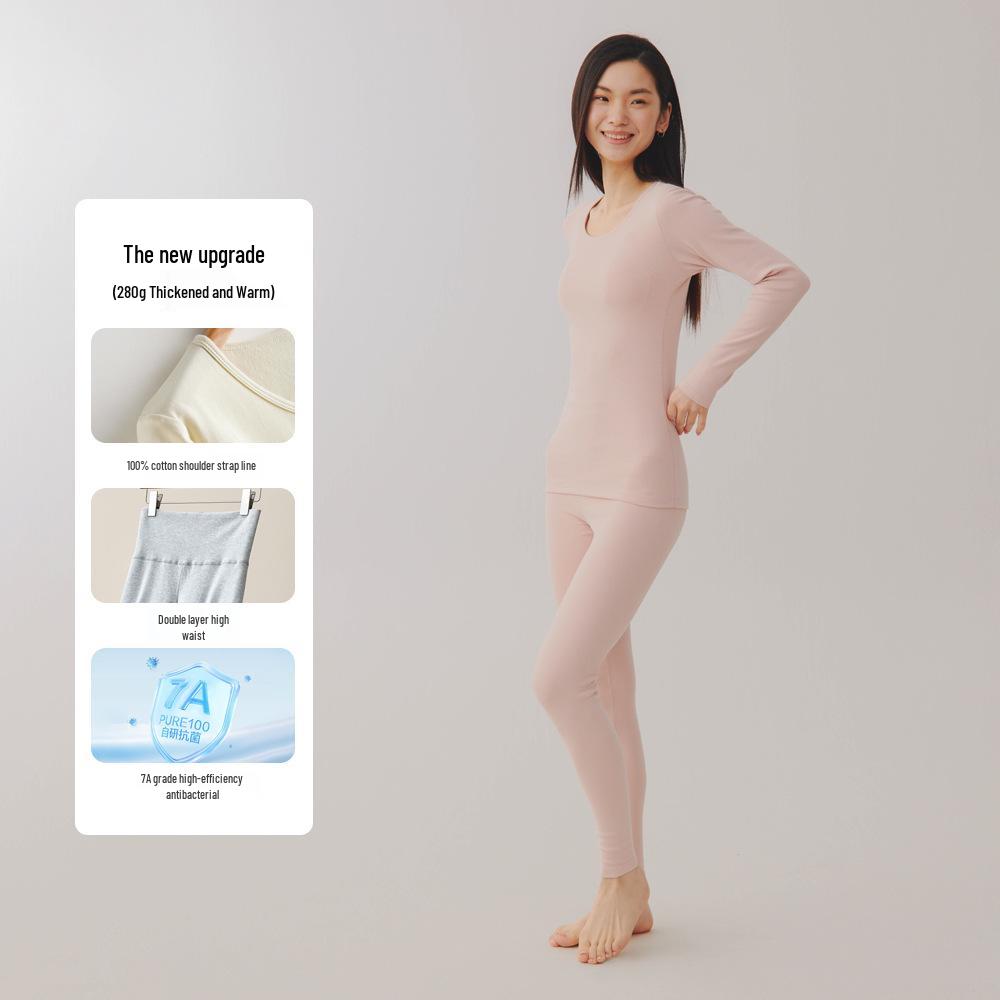 Women's Plus Size Double-Sided Flannel Underwear Set - Pure Cotton, Thick Round Neck Base Layer for Autumn and Winter