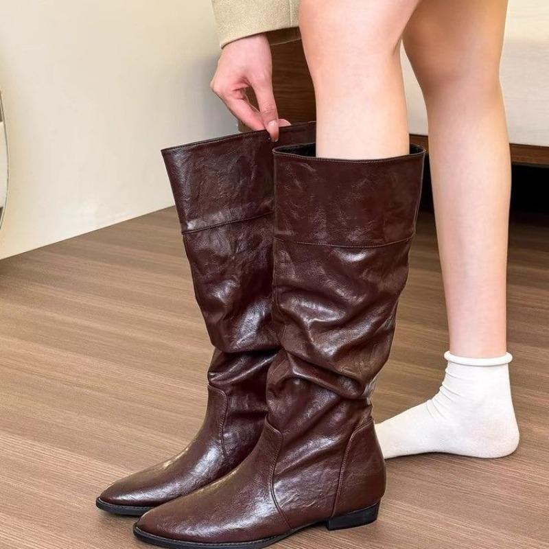 Fashion New Style Shoes for Women Spring Knee High Boots Black White Tall Boots Woman Pleated Low Heels Casual Leather Female Long Shoes