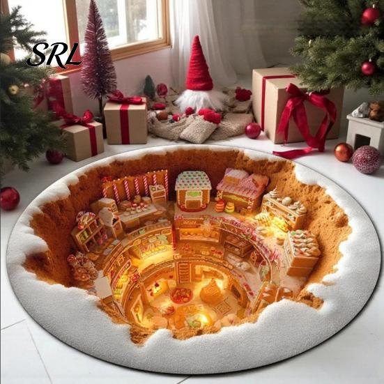 Durable Soft Texture Carpet Christmas Round Rug, 3D Illusion Mat, Holiday Winter Carpet, Gnome Deer Tree Skirt Santa House Festive Floor Rug