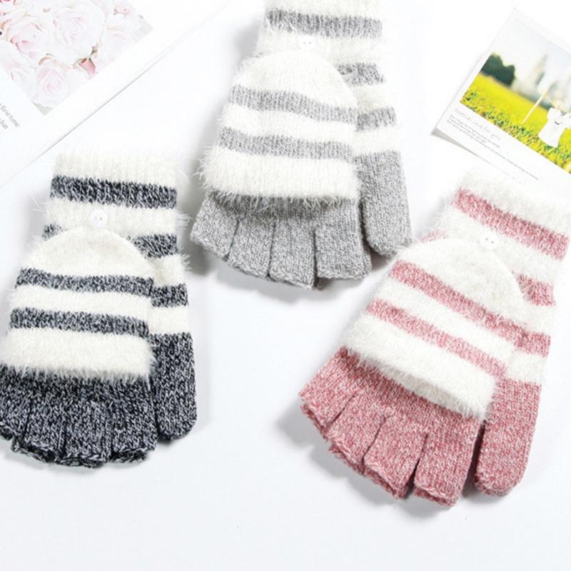 Soft Warm Gloves Winter Knitted Gloves Soft Cartoon Striped Fingerless Gloves with Flip Top Warm Glove Stretchy Mitten