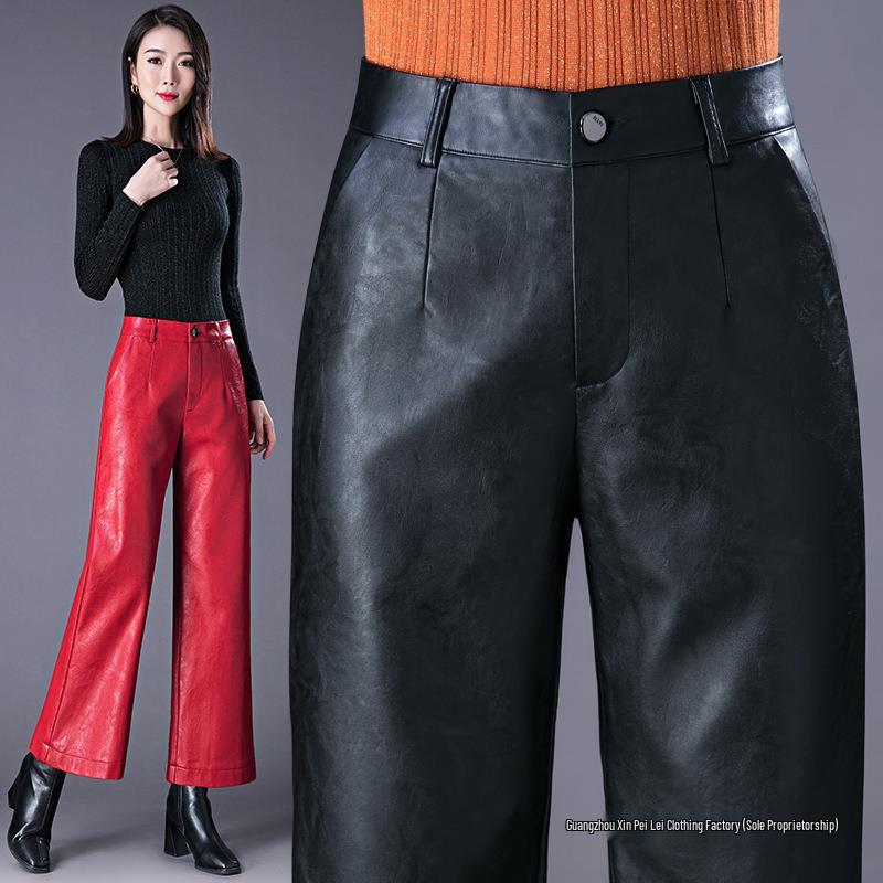 

Женские кожаные брюки из овчины с высокой талией и прямыми штанинами - Утягивающие, длиной девять точек, с широкими штанинами (Коллекция Осень/Зима 2025) M красный