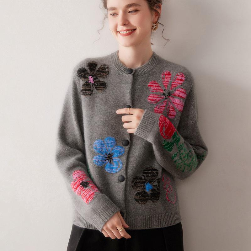 

2025 Autumn/Winter Women s Round Neck 100% Cashmere Cardigan with Floral Embroidery M сірий колір
