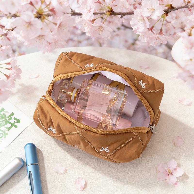 Women'S Cute Bow Quilted Makeup Bag Case Portable Travel Brush Wash Toiletry Bag For Women Cosmetic Organizer Pouch