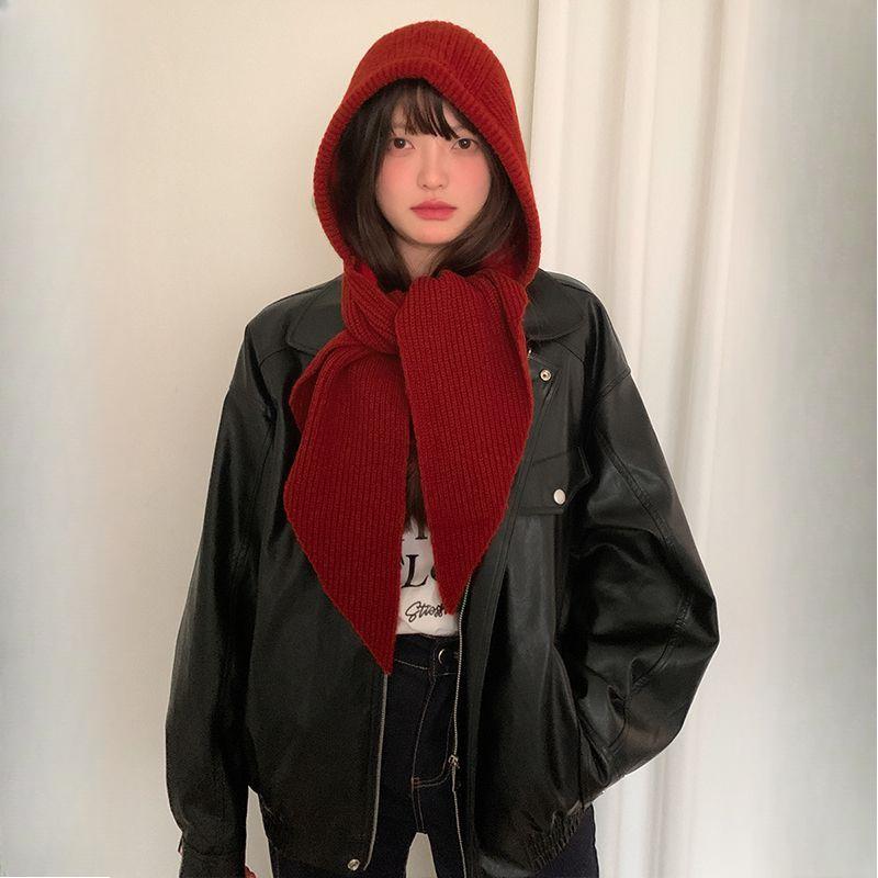 

Осенне-зимняя утолщенная теплая нишевая вязаная шапка с интегрированной шапкой и шарфом One Size